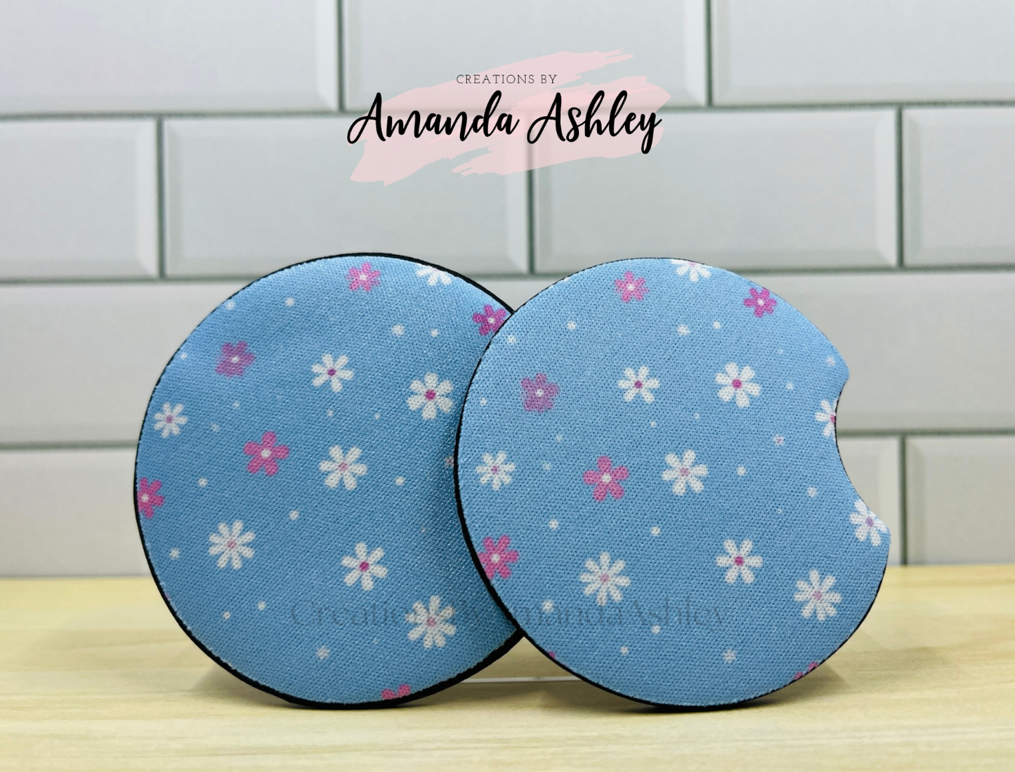 Blue Daisies Car Coasters (Set of 2)
