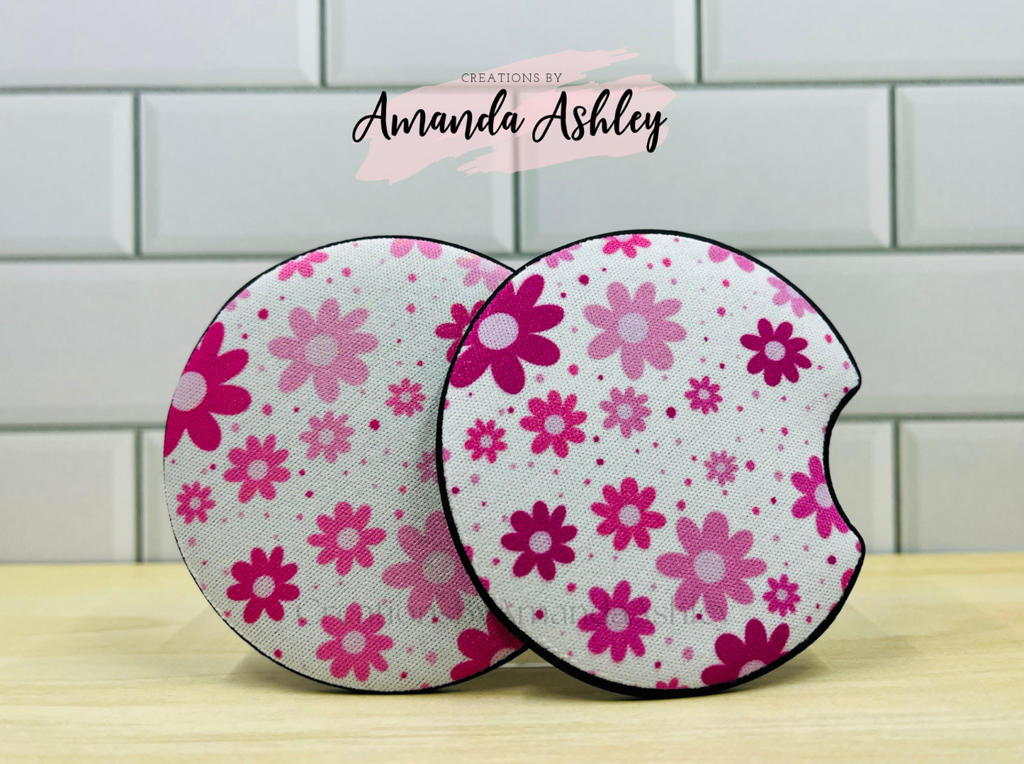 Pink Floral Car Coasters (Set of 2)