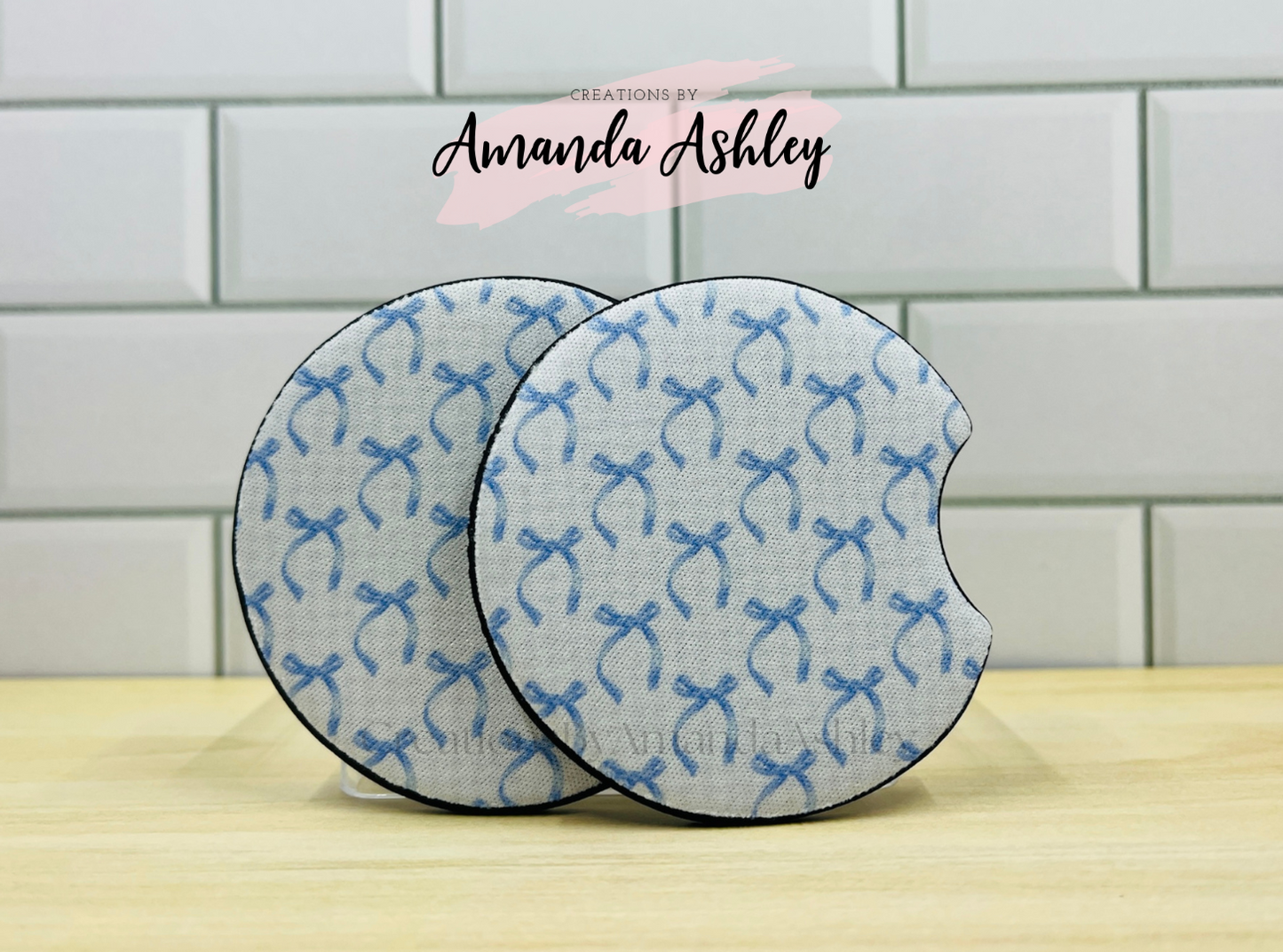Blue Gingham Bows Car Coasters (Set of 2)