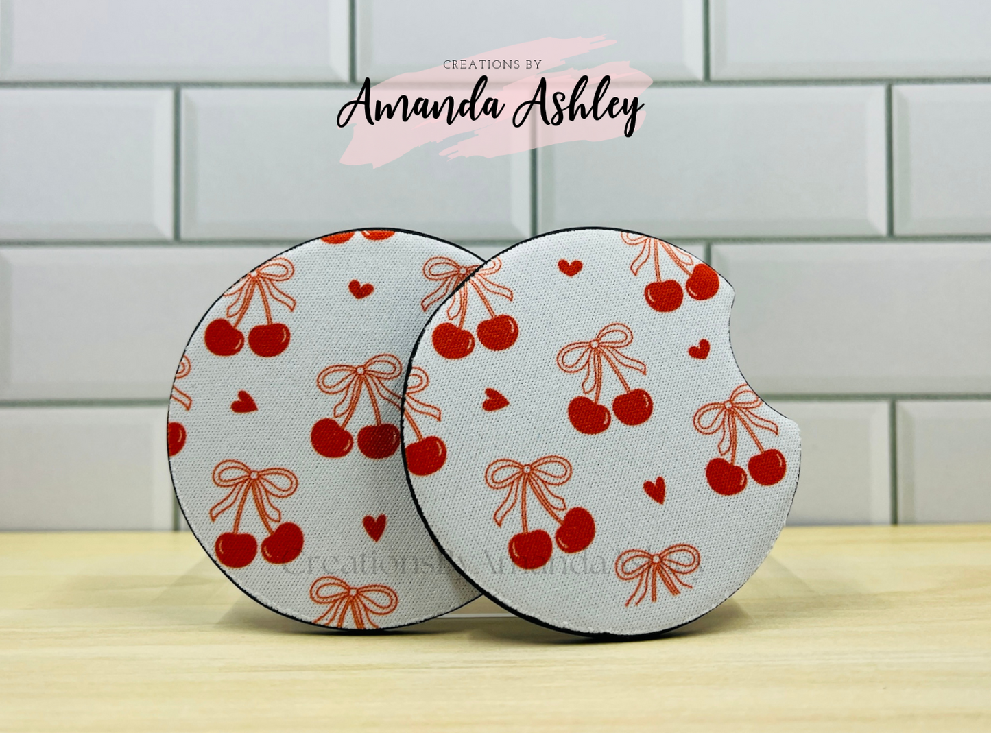 Red Cherries Car Coasters (Set of 2)