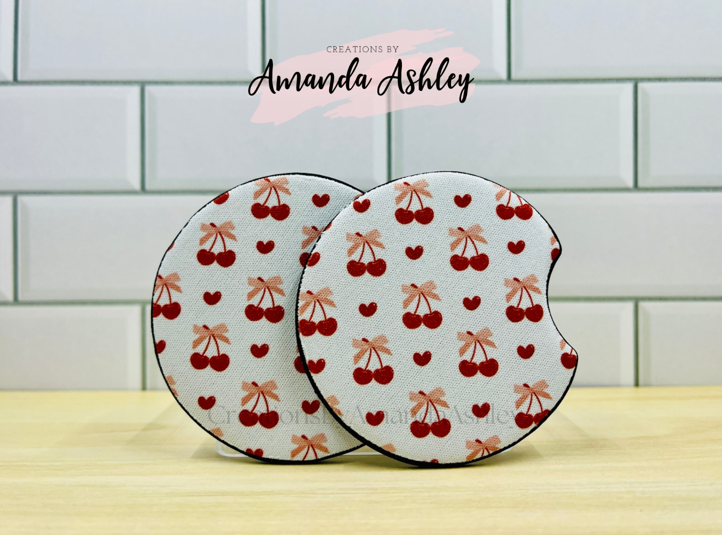 Hearts Bows and Cherries Car Coasters (Set of 2)