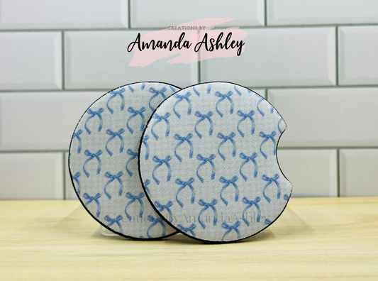 Blue Gingham Bows Car Coasters (Set of 2)