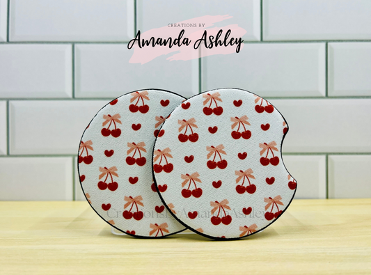 Hearts Bows and Cherries Car Coasters (Set of 2)